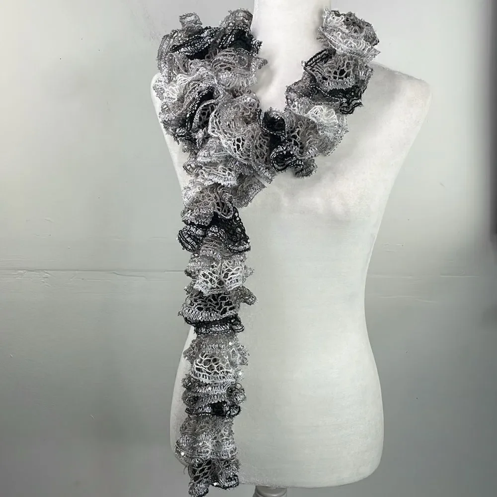 SCARF Crocheted Ruffle Scarf White, Gray & Silver Shimmery